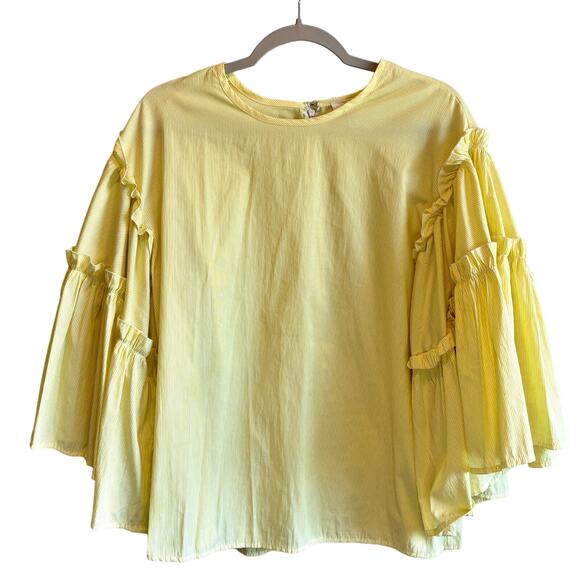 Anthro dRA Los Angeles Yellow Stripe Ruffle Sleeve Blouse - size Large - Picture 1 of 5